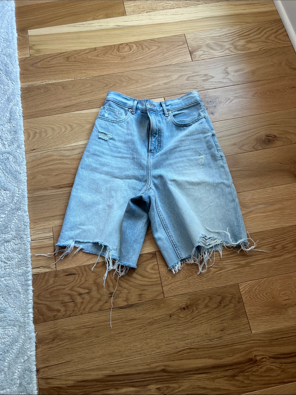 Express Light Blue Distressed Denim Bermuda Shorts
